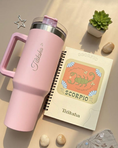 Pink tumbler with flip lid, Scorpio journal with vintage zodiac cover