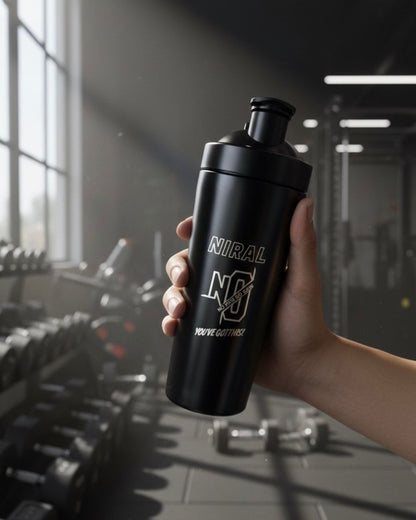 Black shaker bottle with flip-top lid, 'NIRAL' logo and graphics on the front