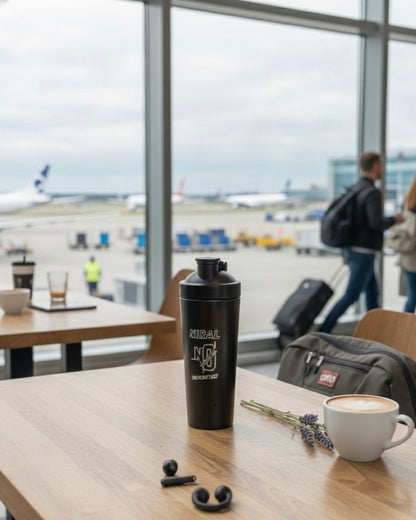 Black gym shaker bottle on a table, 'NIRAL' logo on the front