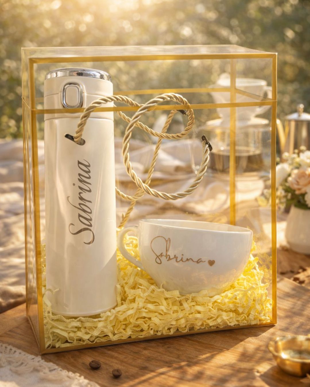 Beige thermos bottle and white mug gift set with gold name engraving