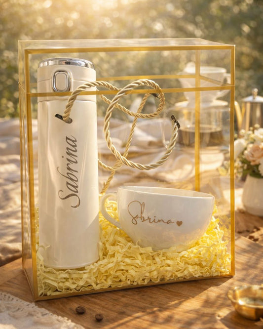 Beige thermos bottle and white mug gift set with gold name engraving