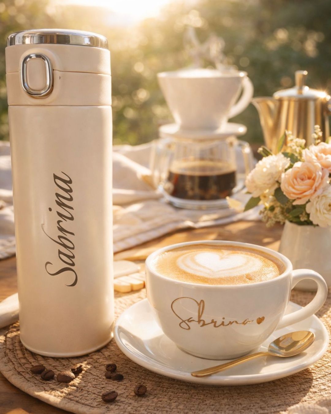 Beige bottle and white mug with gold 'Sabrina' engraving on saucer