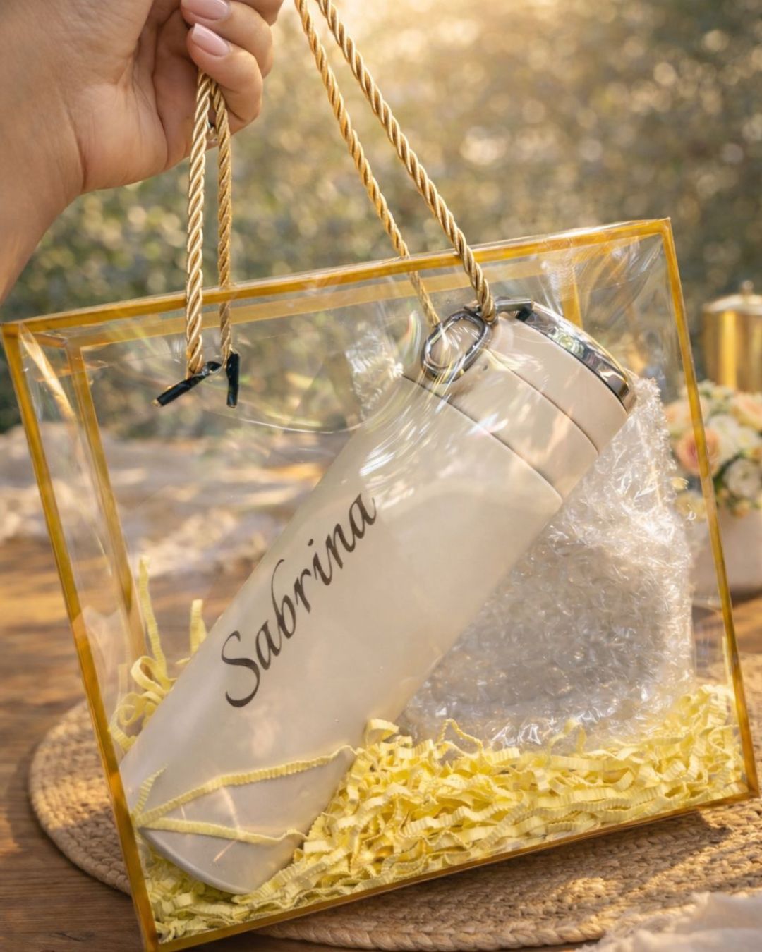 Beige bottle with gold 'Sabrina' engraving in gift box, held by ribbon