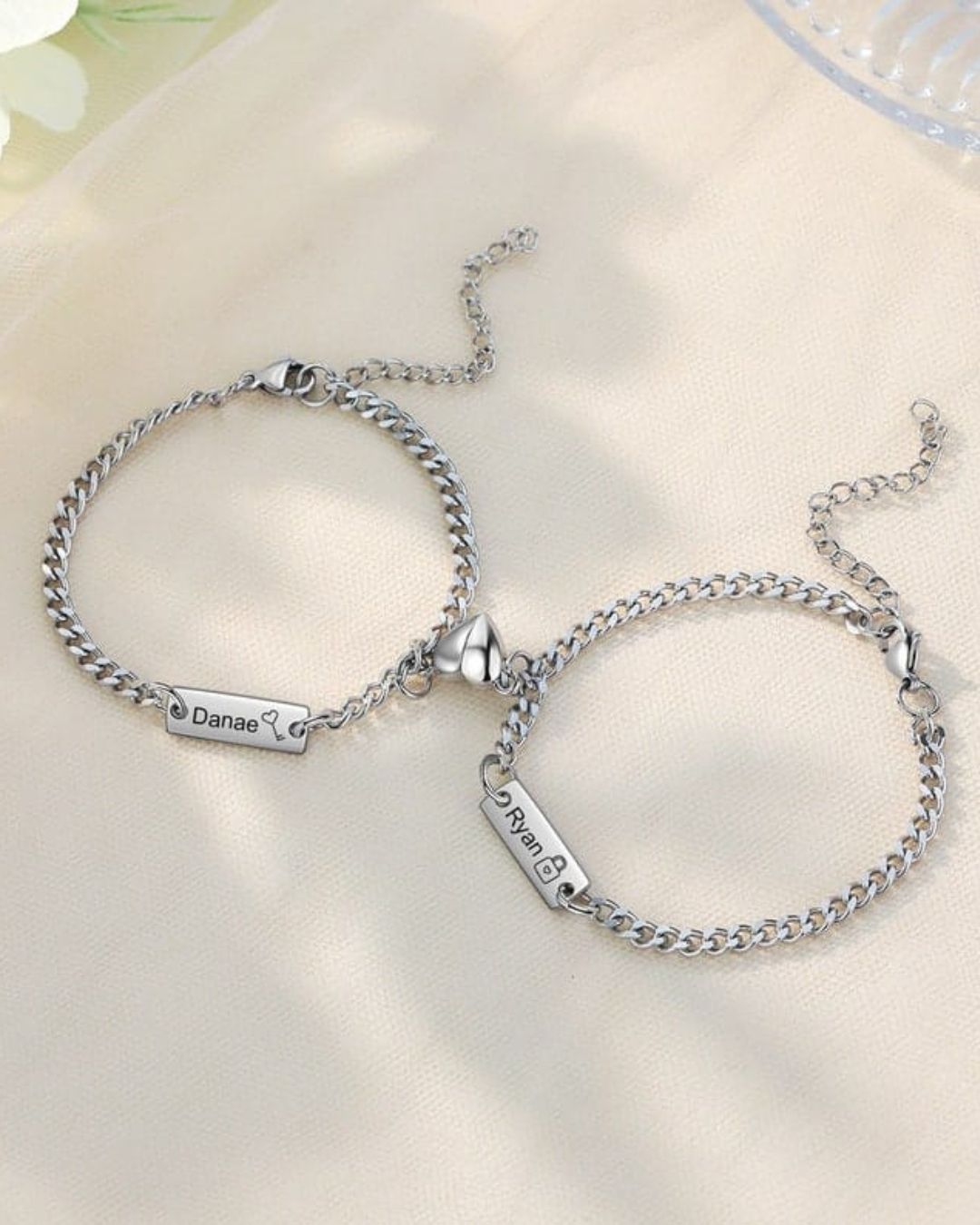 Couple bracelets, silver chain with name tags Danae and Bryan and heart clasp