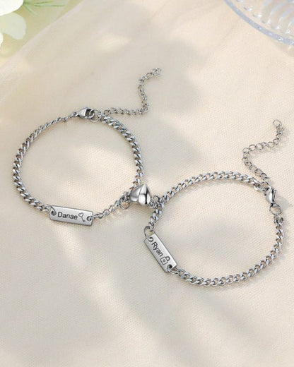 Couple bracelets, silver chain with name tags Danae and Bryan and heart clasp