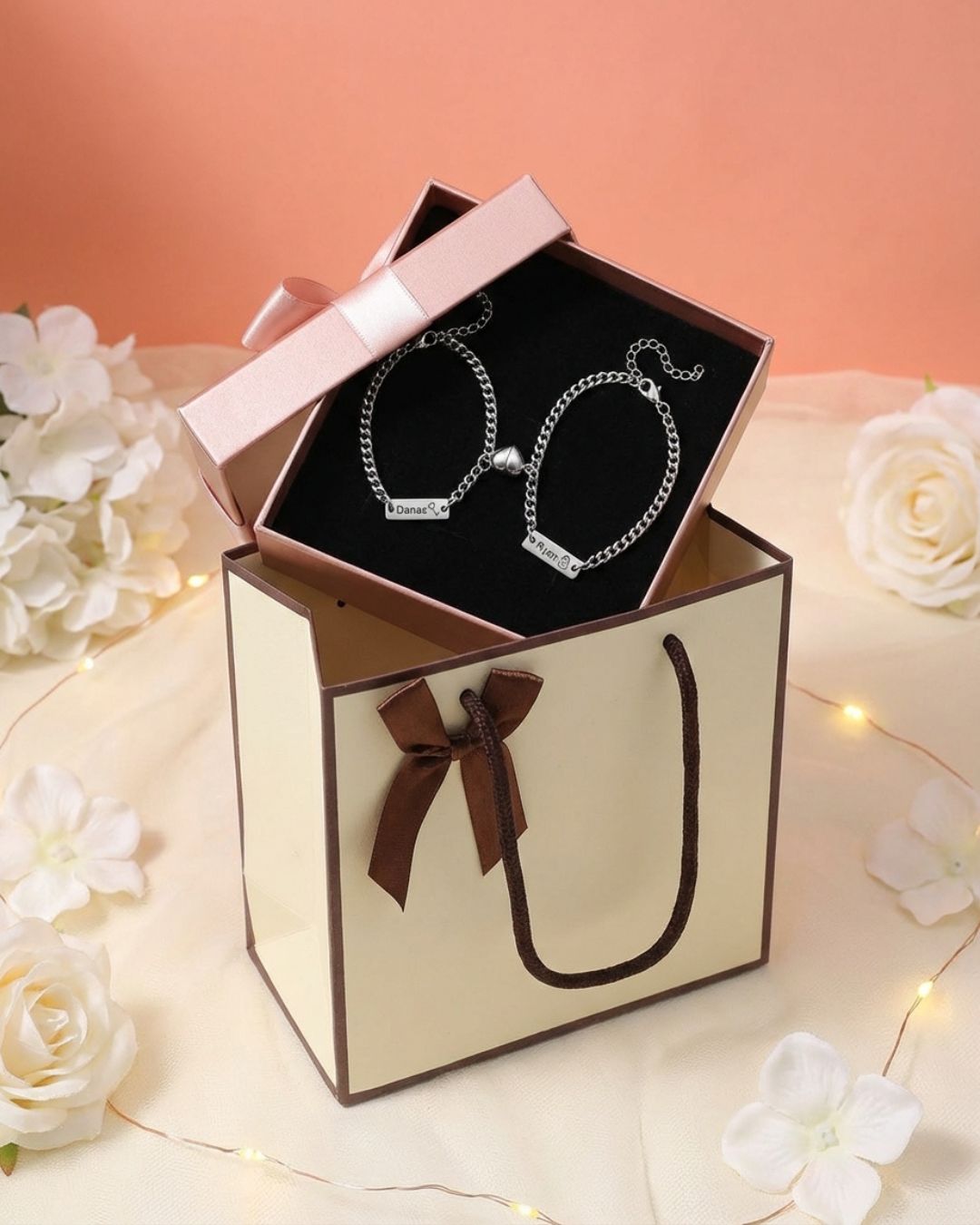Magnetic couple bracelets in gift box, silver chain with heart name charms