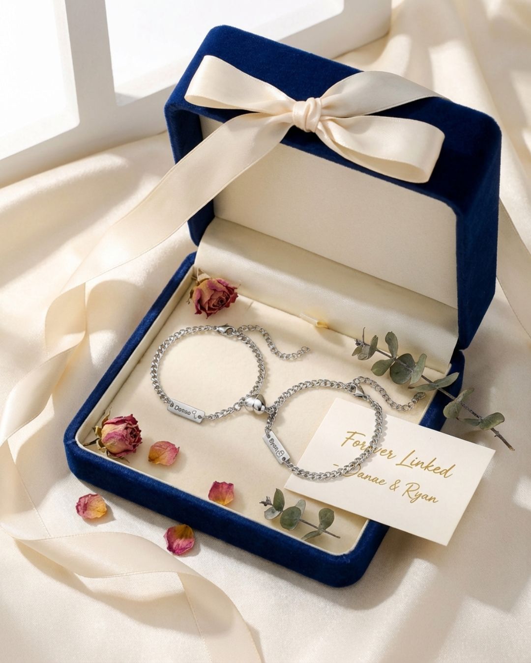 Couple bracelets in blue gift box, silver chain with heart and name plates