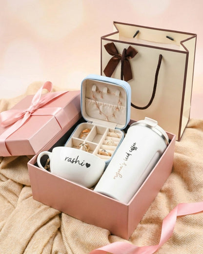 Custom Valentine hamper set: open gift box with blue ring display, mug and bottle