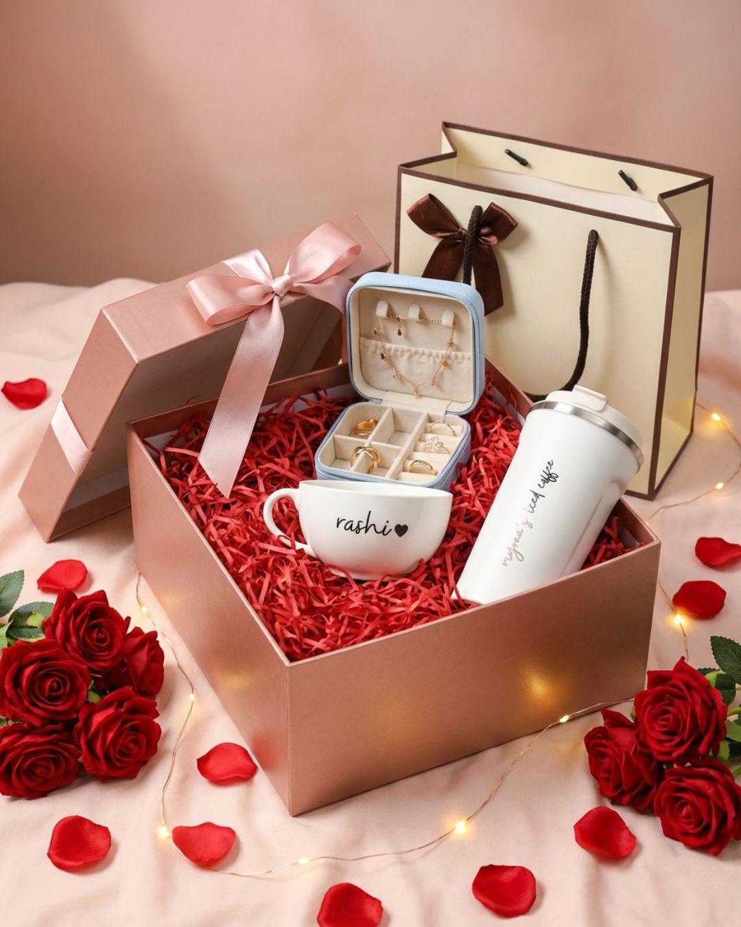 Valentine hamper: open rose-themed box with red filler, mug, and bottle
