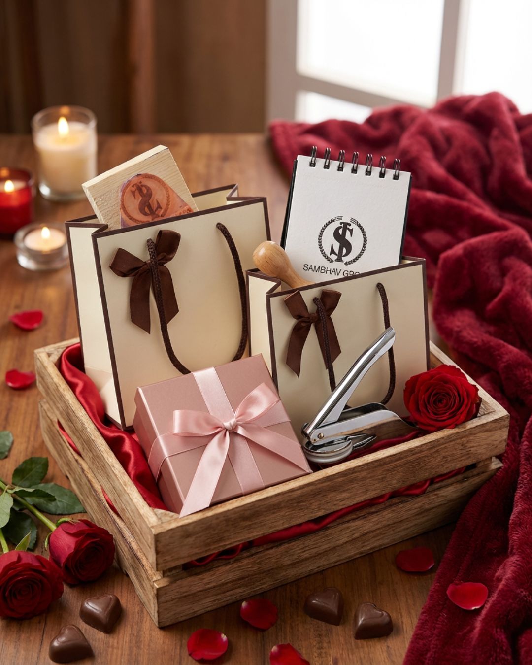 Personalized stationery set with notebooks, bow ribbon, and gift box organizer tray