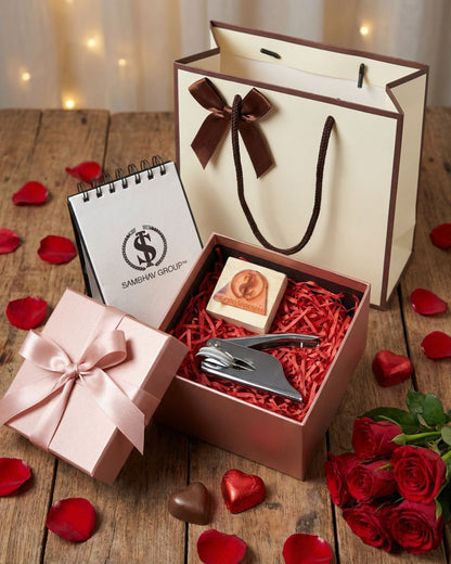 Personalized stationery set in gift box with bow ribbon, notebook, and pen
