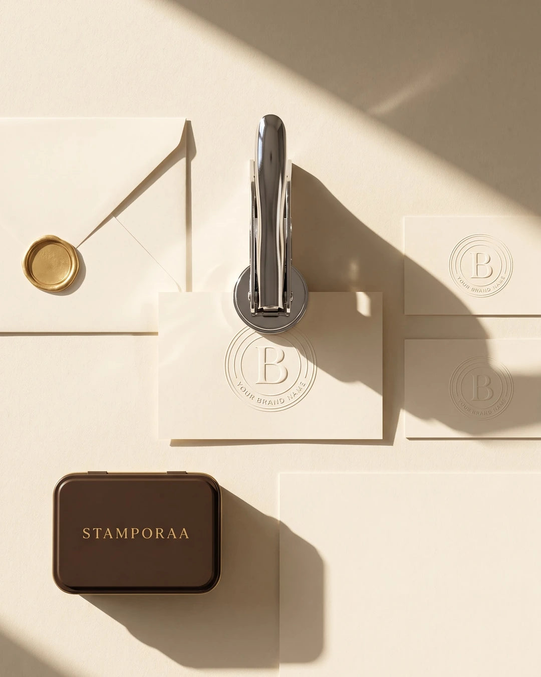 Custom identity paper embosser with metal handle, embossing a monogram on stationery