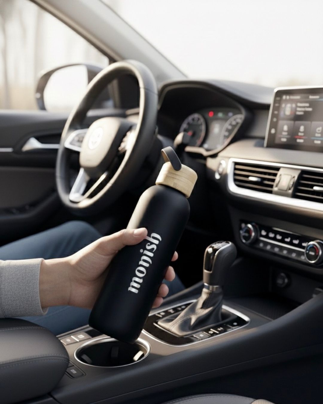 Personalisierten Trinkflasche, schwarz, in der Hand am Auto-Interieur