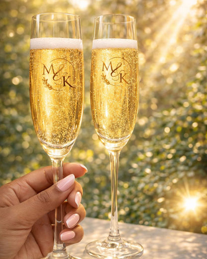 Hand holding gold-engraved monogram flute champagne glass, set of 2
