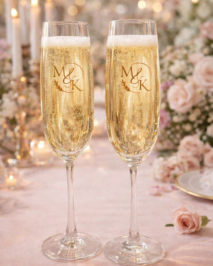 Monogrammed flute champagne glasses, set of 2, gold engraved initials