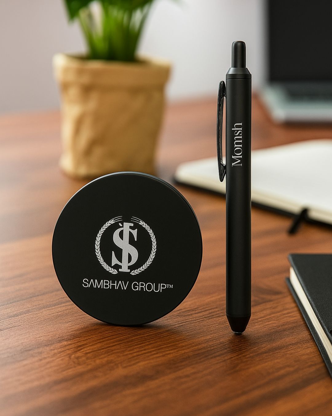 Signature Shaan Set: black pen with “Monsh” text beside logo base